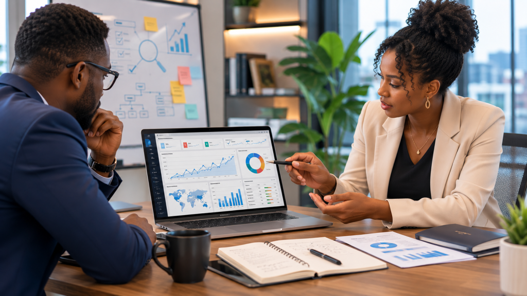 Business owner reviewing an SEO company strategy before hiring an SEO provider